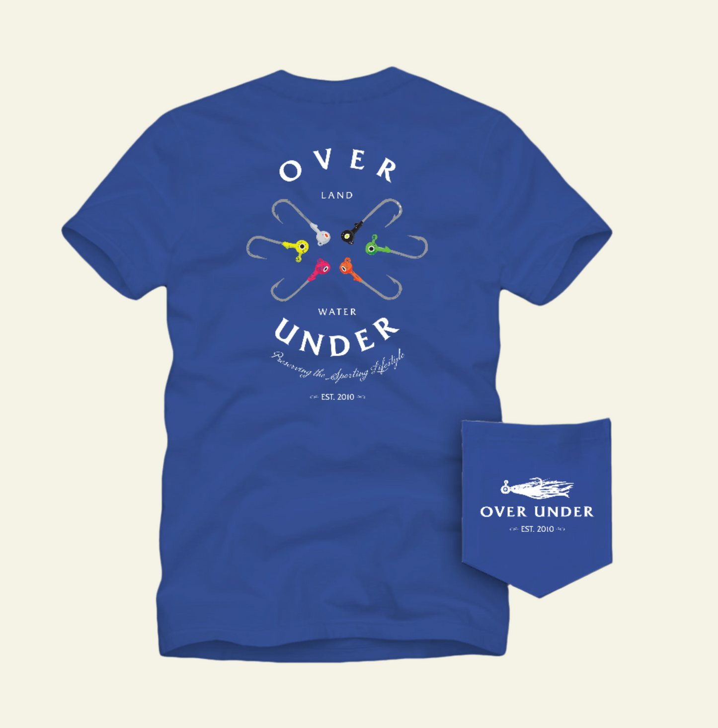 Blue t-shirt with 'Over Under' logo and design on a white background