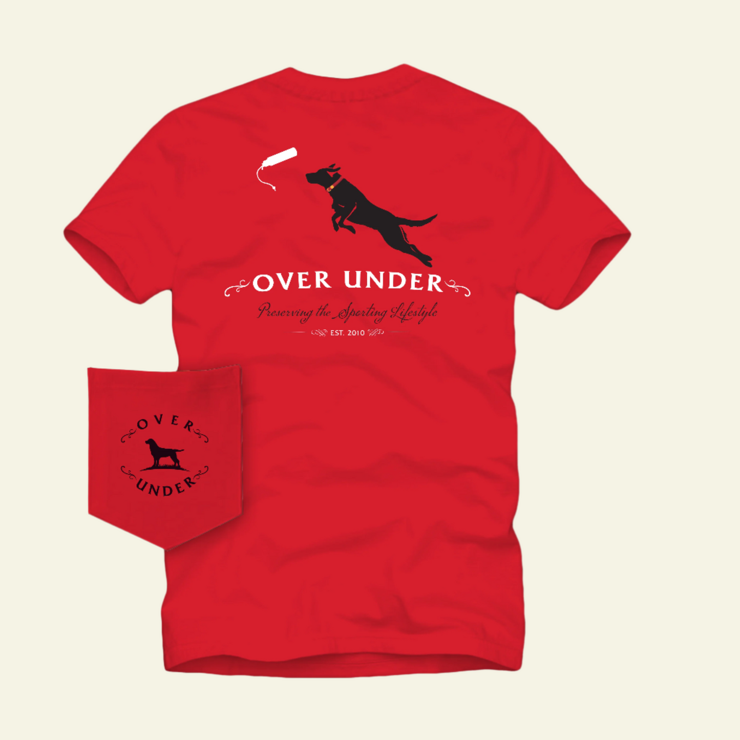 Red t-shirt with black graphics and text on a white background