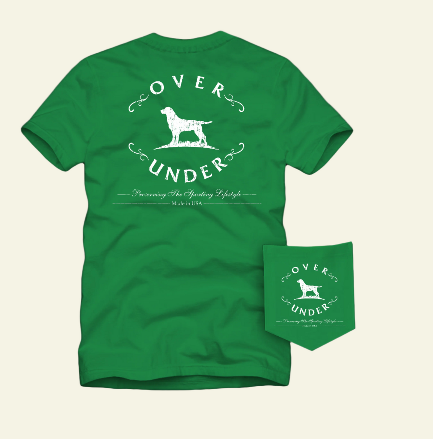 Green t-shirt with 'Over Under' branding on a white background