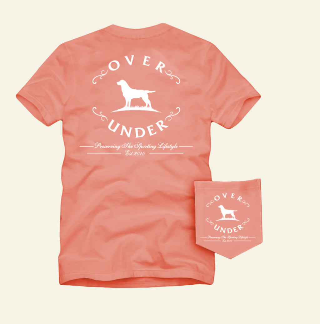 Coral t-shirt with 'Over Under' logo and matching handkerchief on a white background