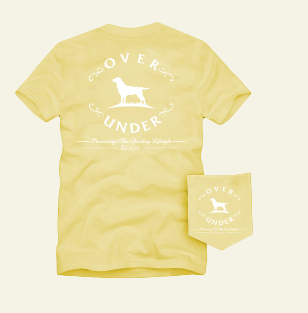 Yellow t-shirt with 'Over Under' logo and matching pouch on a white background