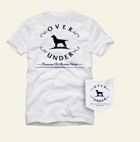 White t-shirt with 'Over Under' logo and packaging on a white background