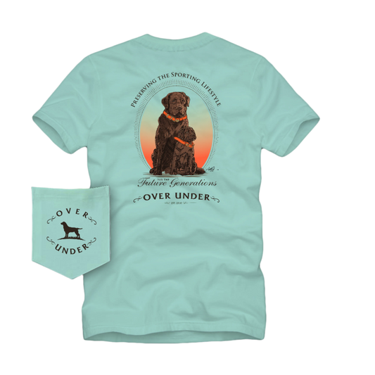 Light blue t-shirt with a dog graphic and text on a white background