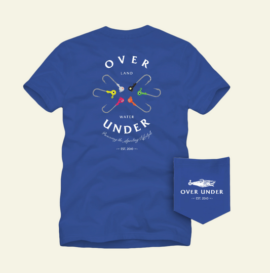 Blue t-shirt with 'Over Under' logo and design on a white background
