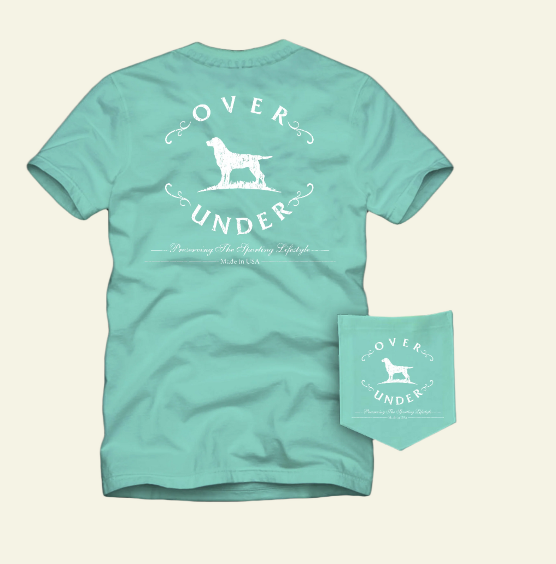 Teal t-shirt with 'Over Under' logo and dog illustration on a white background