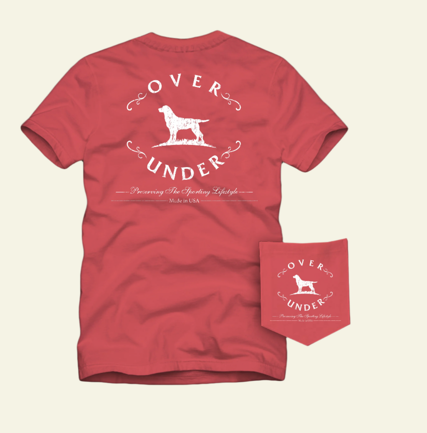 Red t-shirt with white graphic and matching red pouch on a white background