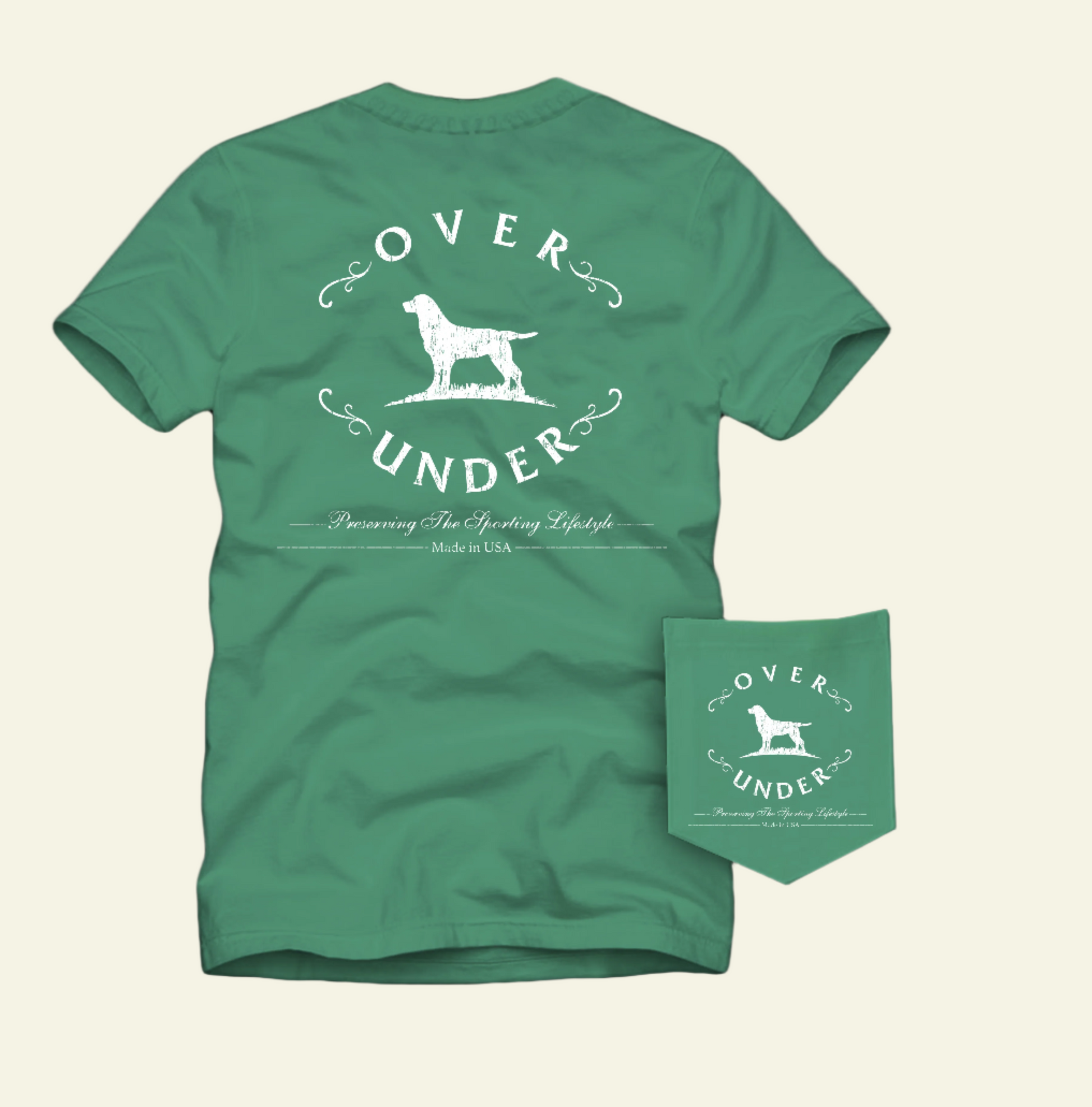 Green t-shirt with 'Over Under' logo and dog illustration on a white background